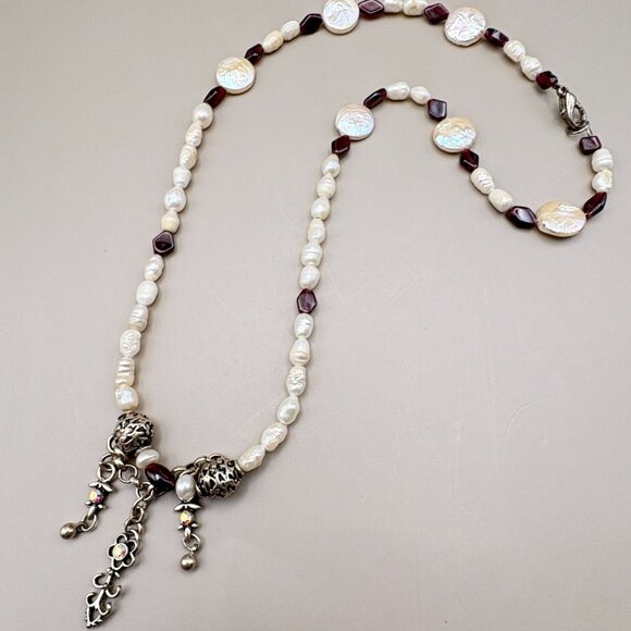 Faux Freshwater Pearl Beaded Necklace Ornate Silver Tone Charms Beach Boho Surf - Picture 7 of 7